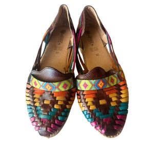 Leather Huarache Sandals Women's US 9 Colorful Handmade Mexican Flats Shoes EUC